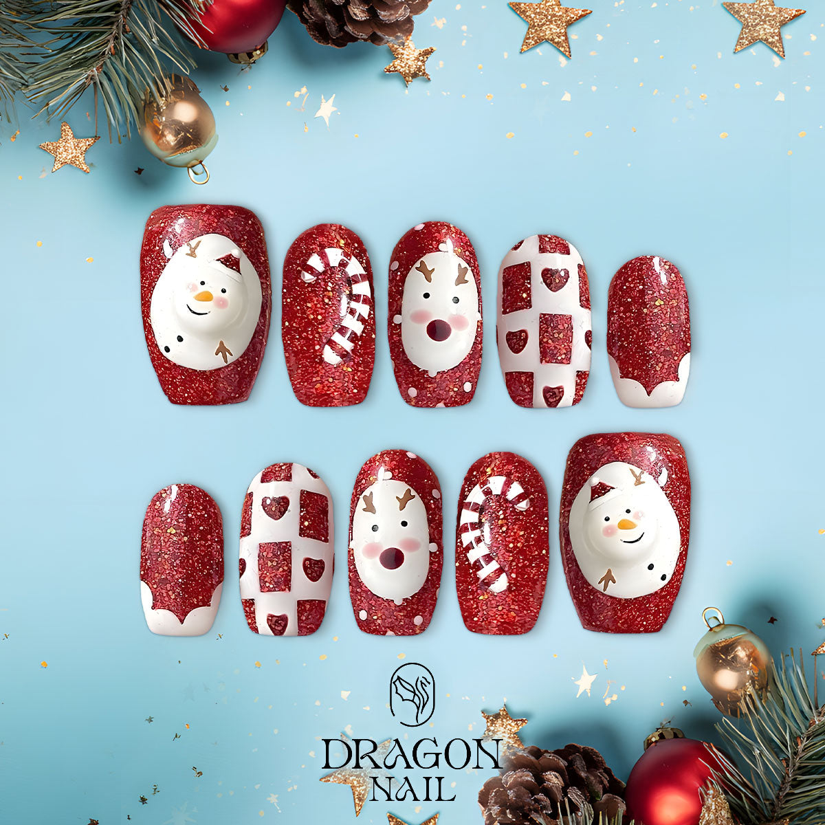 Red Christmas Nails, Glitter Press-On Set, Reindeer &amp; Snowman Design, Holiday Edition