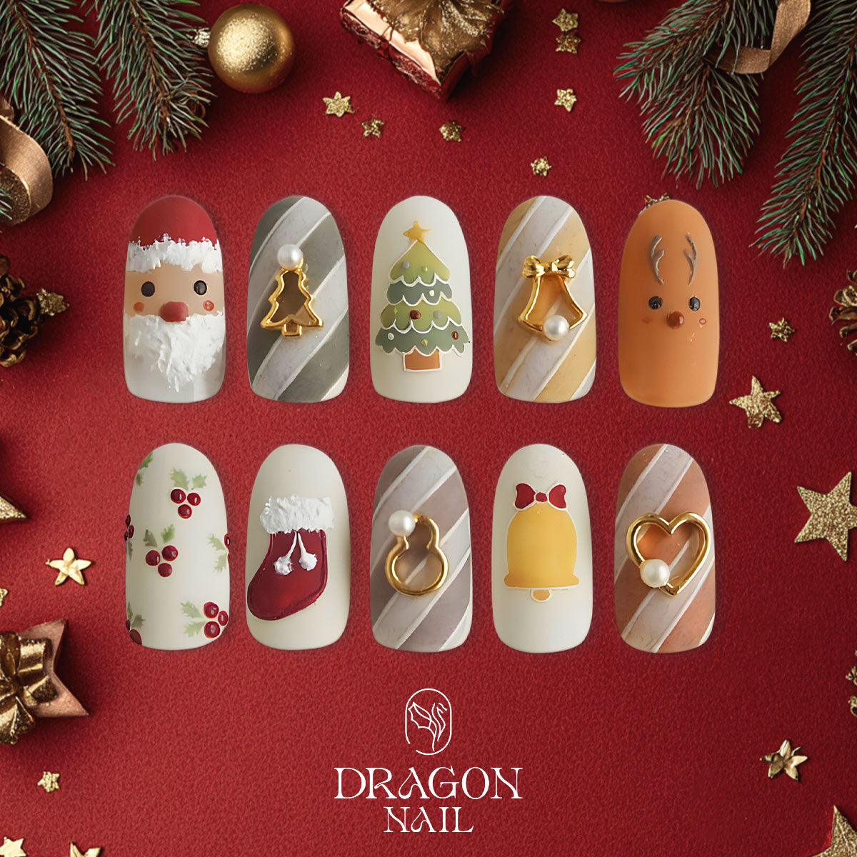 Vintage Christmas Nails, Santa &amp; Reindeer Press-On Set, Cozy Holiday Matte Style