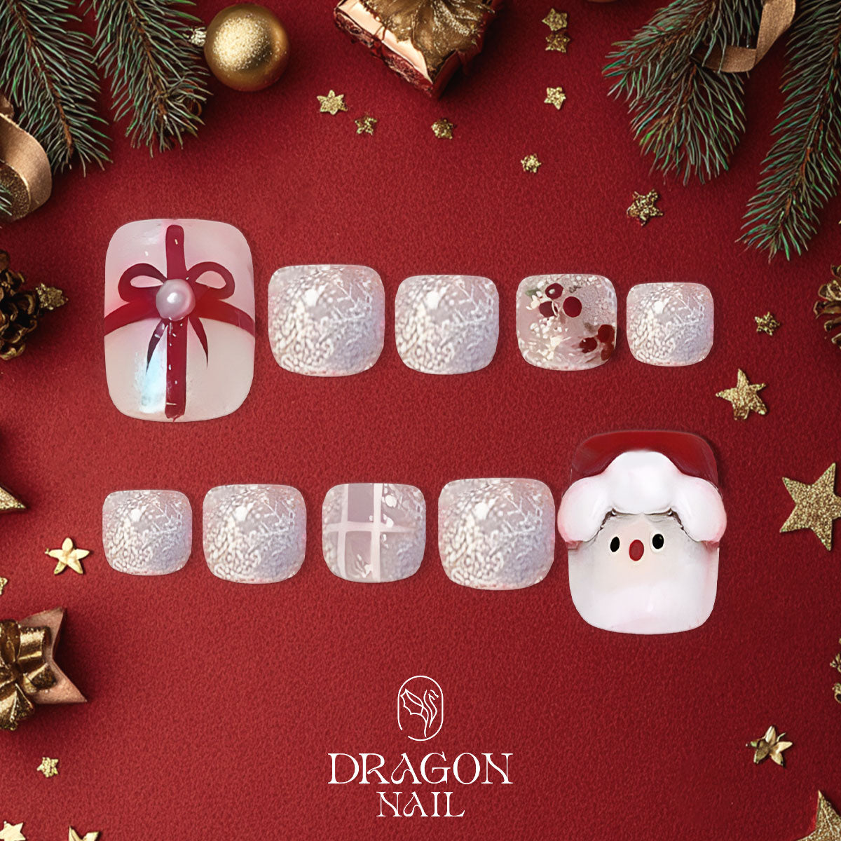 Christmas Pedicure Nails, Santa &amp; Gift Box Toe Nails, Silver Glitter Holiday Set