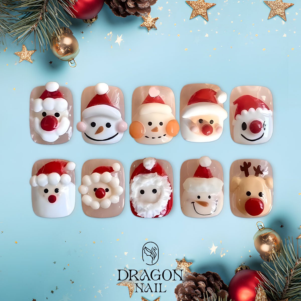 3D Christmas Nails, Santa &amp; Reindeer Press-On Set, Cute Holiday Handmade Design