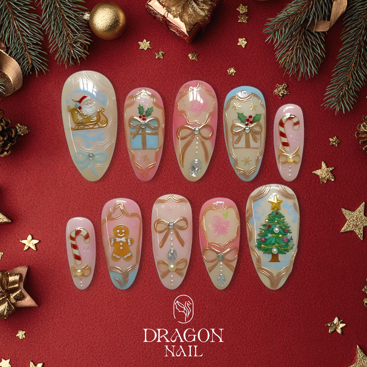Pastel Christmas Nails, Vintage Holiday Press-On Set, Pink &amp; Gold Gift Box Design