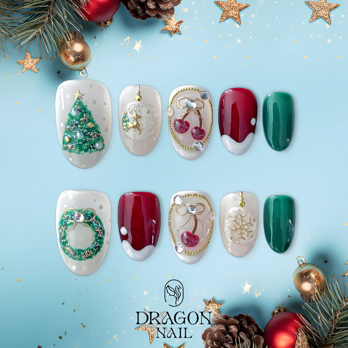 Classic Christmas Nails, Red Green &amp; White Press-On Set, 3D Tree &amp; Wreath Holiday Design