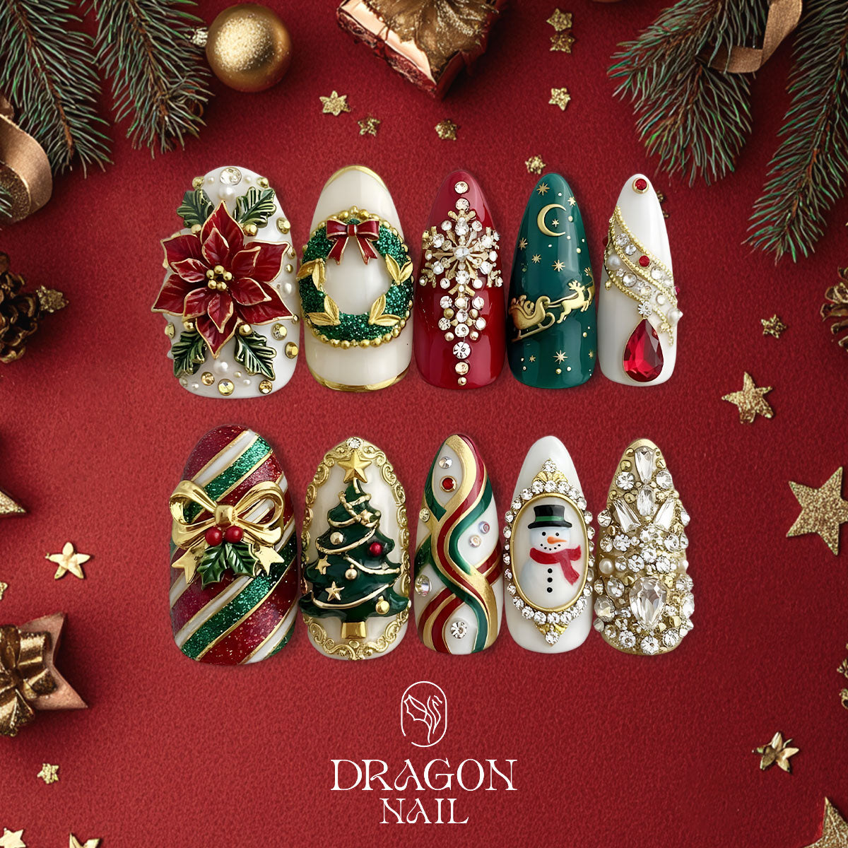 Luxury Christmas Nails, Red Green Gold Rhinestone Press-On Set, 3D Tree &amp; Snowman Design