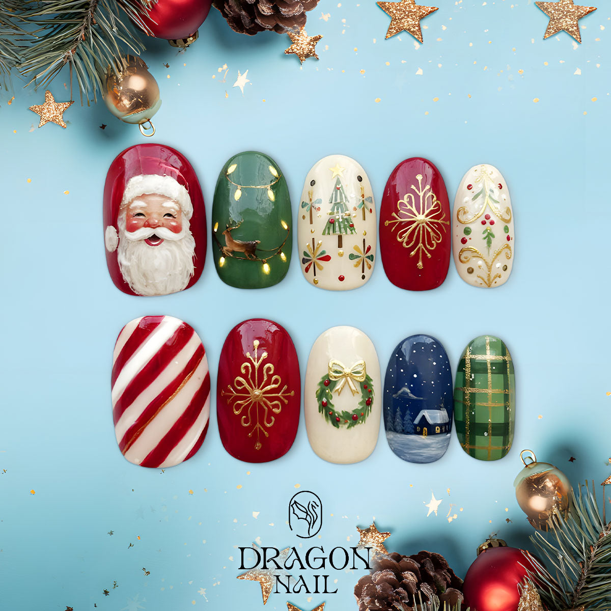 Classic Christmas Nails, Santa &amp; Reindeer Press-On Set, Red Green Holiday Design