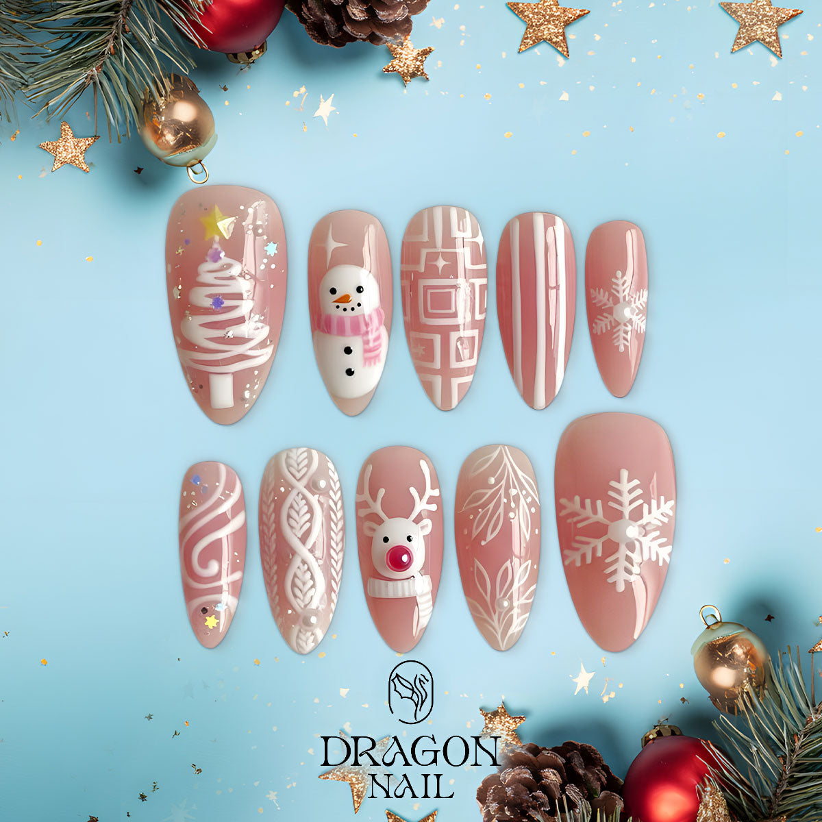 Pink Christmas Nails, Cute Reindeer &amp; Snowman Press-On Set, Winter Knit Design