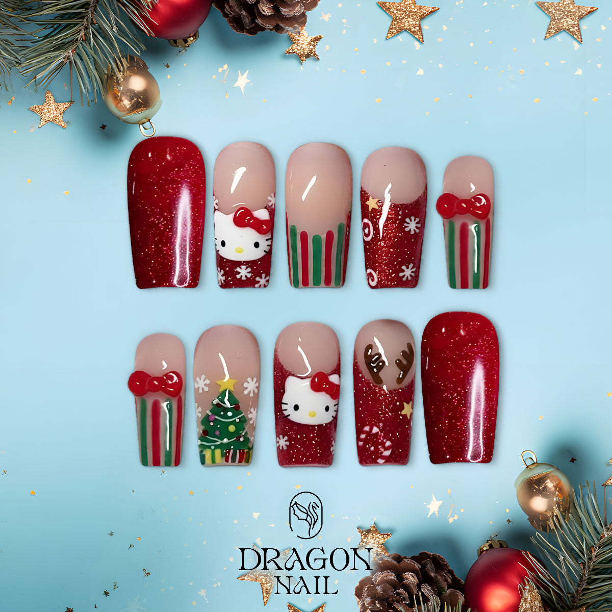 Hello Kitty Christmas Nails, Red Glitter Press-On Set, Cute Holiday Tree &amp; Reindeer Design