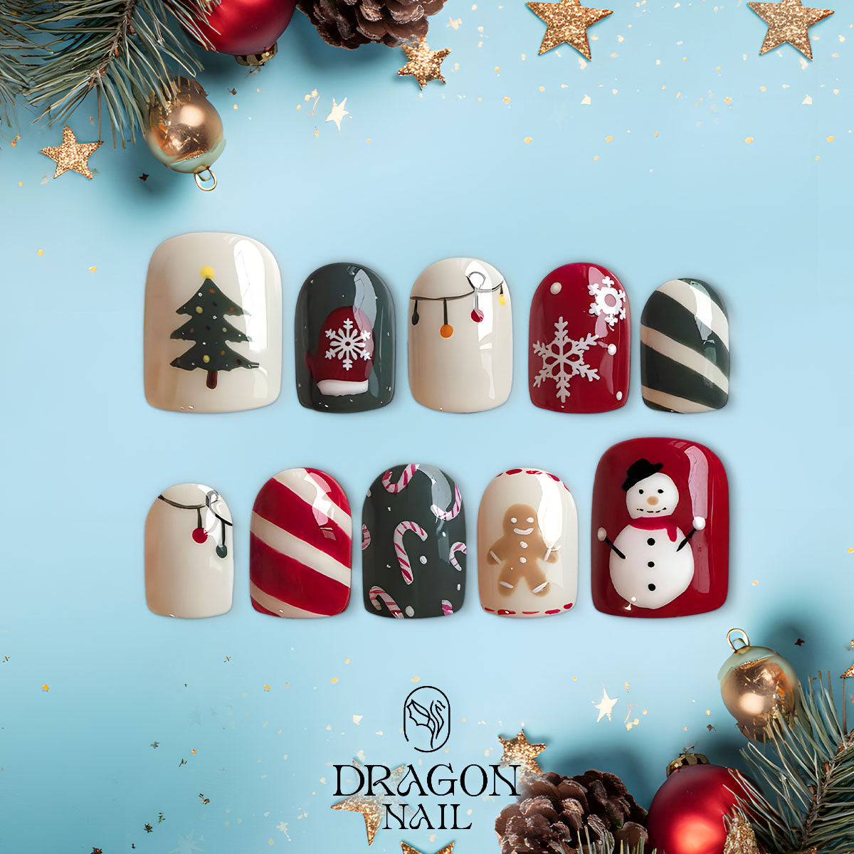 Gingerbread Christmas Nails, Red White Press-On Set, Cute Snowman &amp; Candy Cane Design
