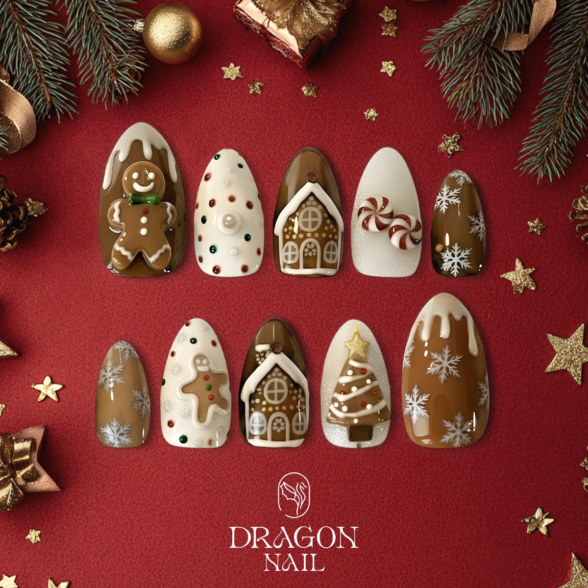 Gingerbread House Christmas Nails, Brown Press-On Set, Cookie &amp; Snowflake Design