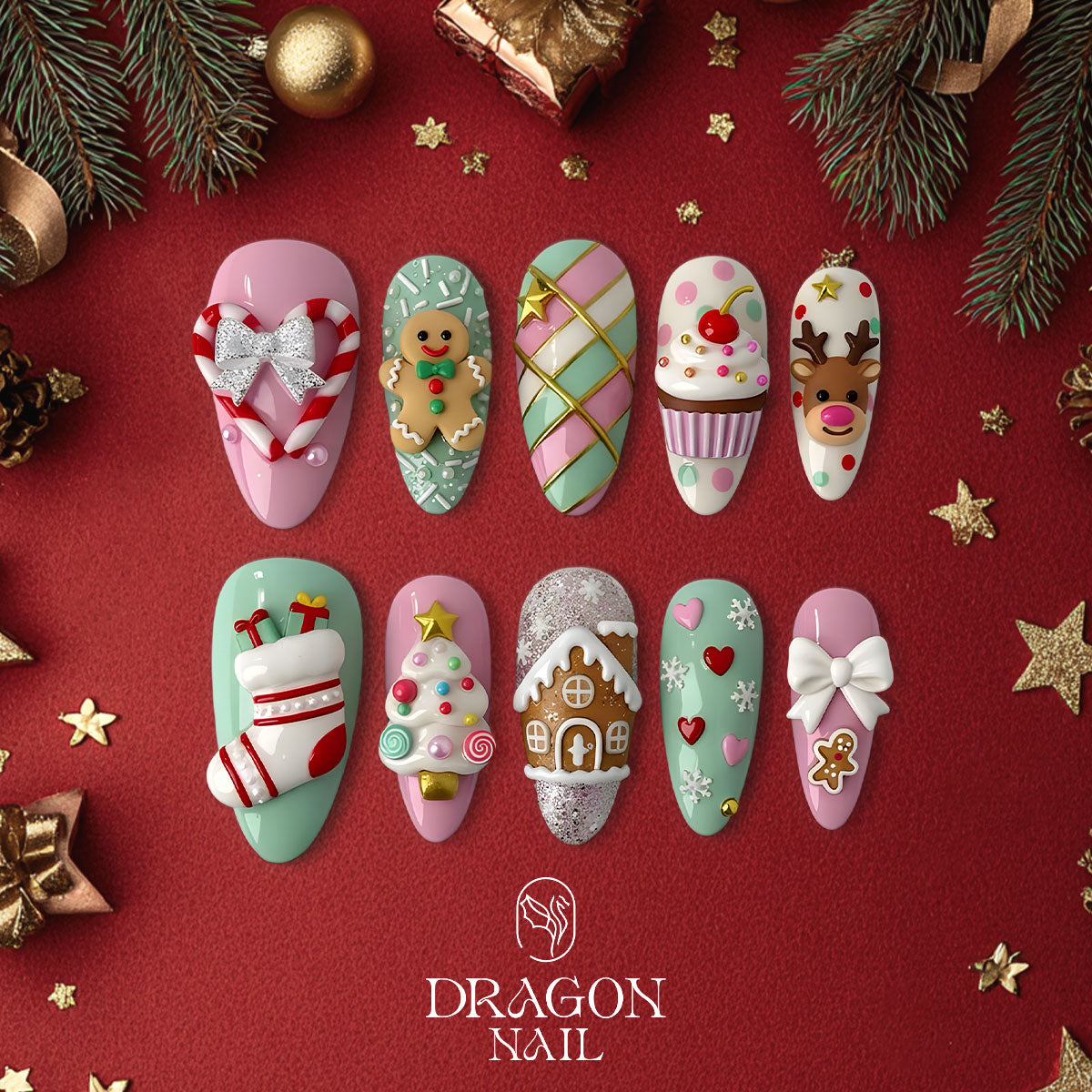 Pastel Christmas Nails, Candyland Press-On Set, Cute Gingerbread &amp; Reindeer Design