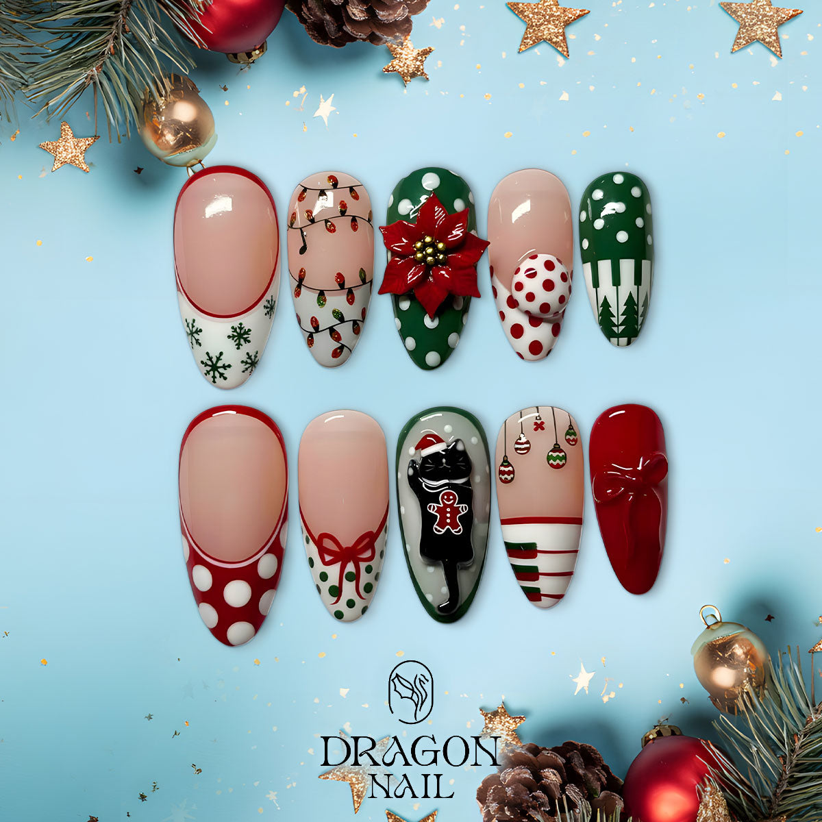 Classic Christmas Nails, Red Green Press-On Set, Poinsettia &amp; Cat Design