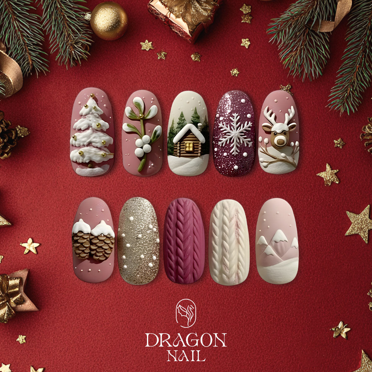 Cozy Winter Cabin Nails, 3D Knitted Christmas Press-On Set, Snow &amp; Reindeer Design