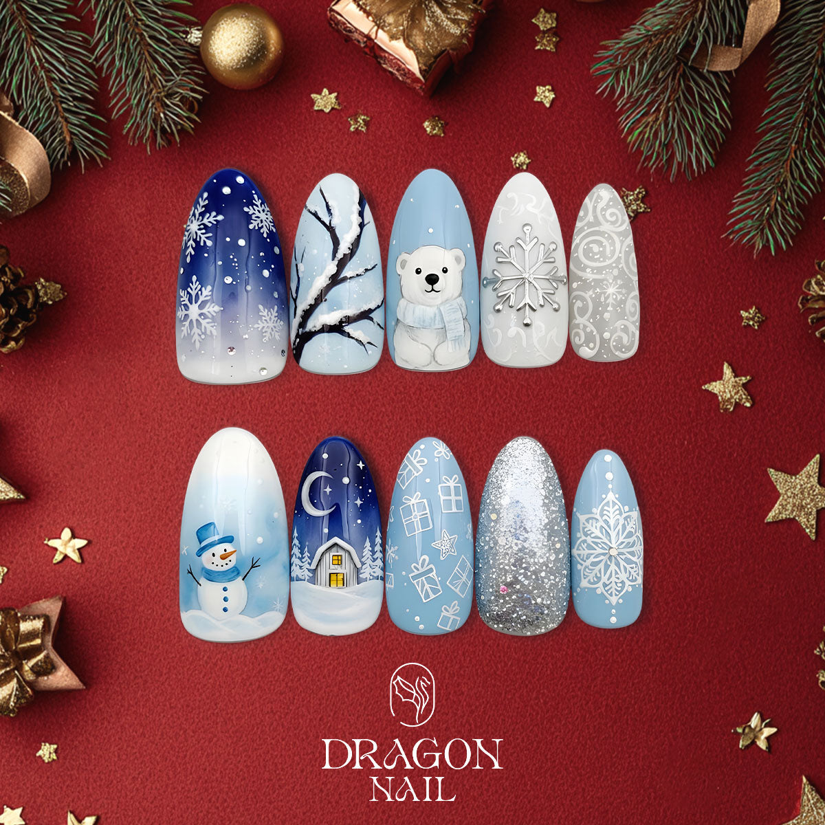 Frosty Wonderland Nails, Blue Silver Christmas Press-On Set, Polar Bear &amp; Snowflake Design