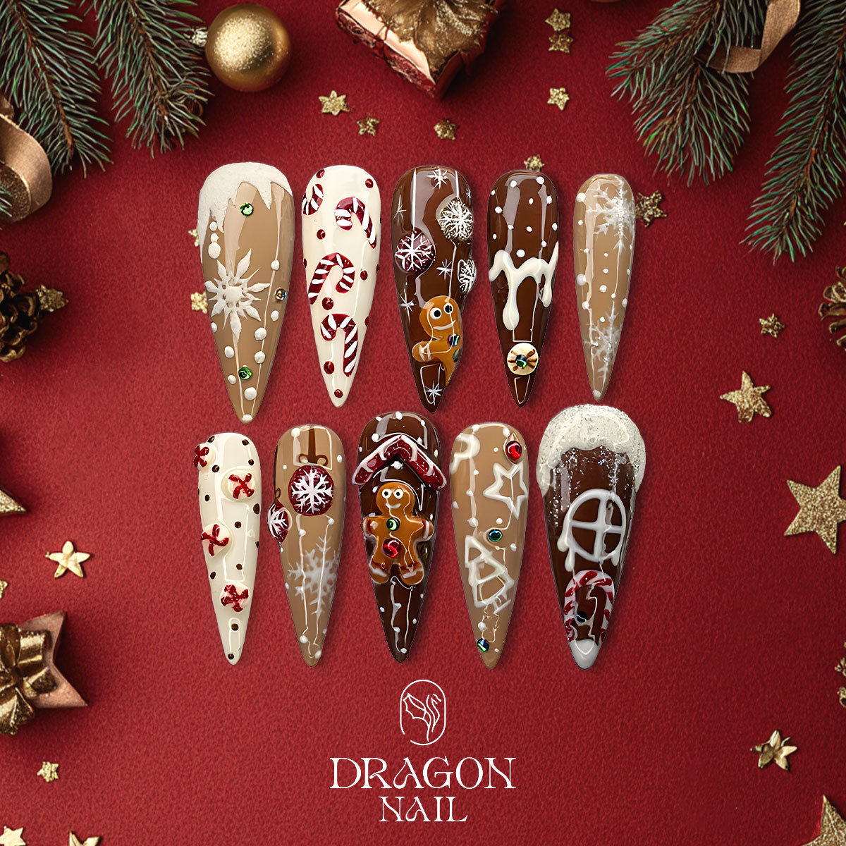 Gingerbread House Nails, Brown Christmas Press-On Set, Candy Cane &amp; Snowflake Design
