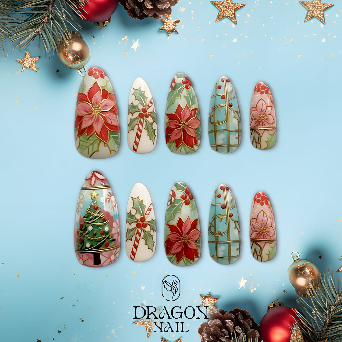Vintage Christmas Nails, Poinsettia &amp; Holly Press-On Set, Classic Holiday Design