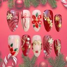 Poinsettia &amp; Snowflake Press-On Nails, Red Glitter Holiday Nail Set with 3D Flowers, Pearls &amp; Gold Charms — Luxury Christmas Nail Art