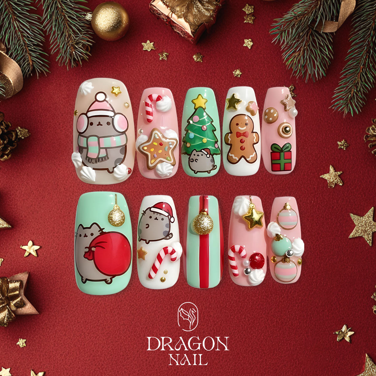 Pusheen Christmas Nails, Cute Pastel Holiday Press-On Set, Kawaii Candy Cane Design