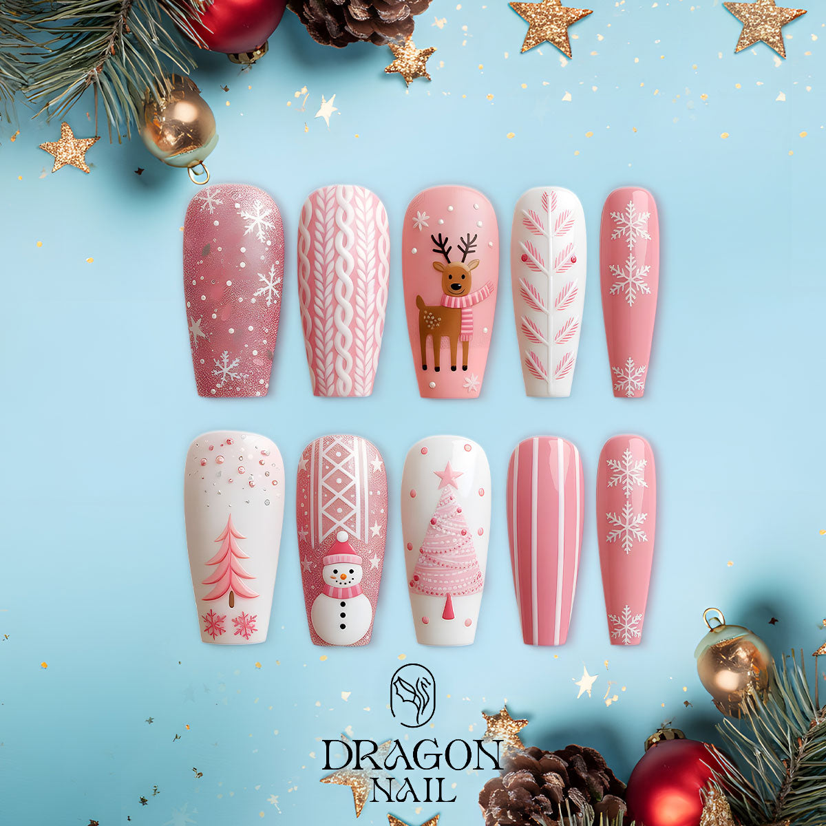 Pink Christmas Nails, Cute Winter Press-On Set, Snowflake &amp; Reindeer Design