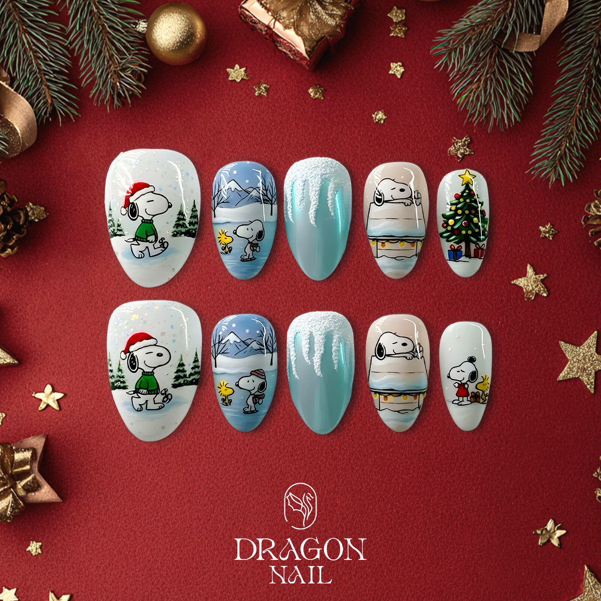 Snoopy Christmas Nails, Cute Winter Press-On Set, Peanuts Holiday Design