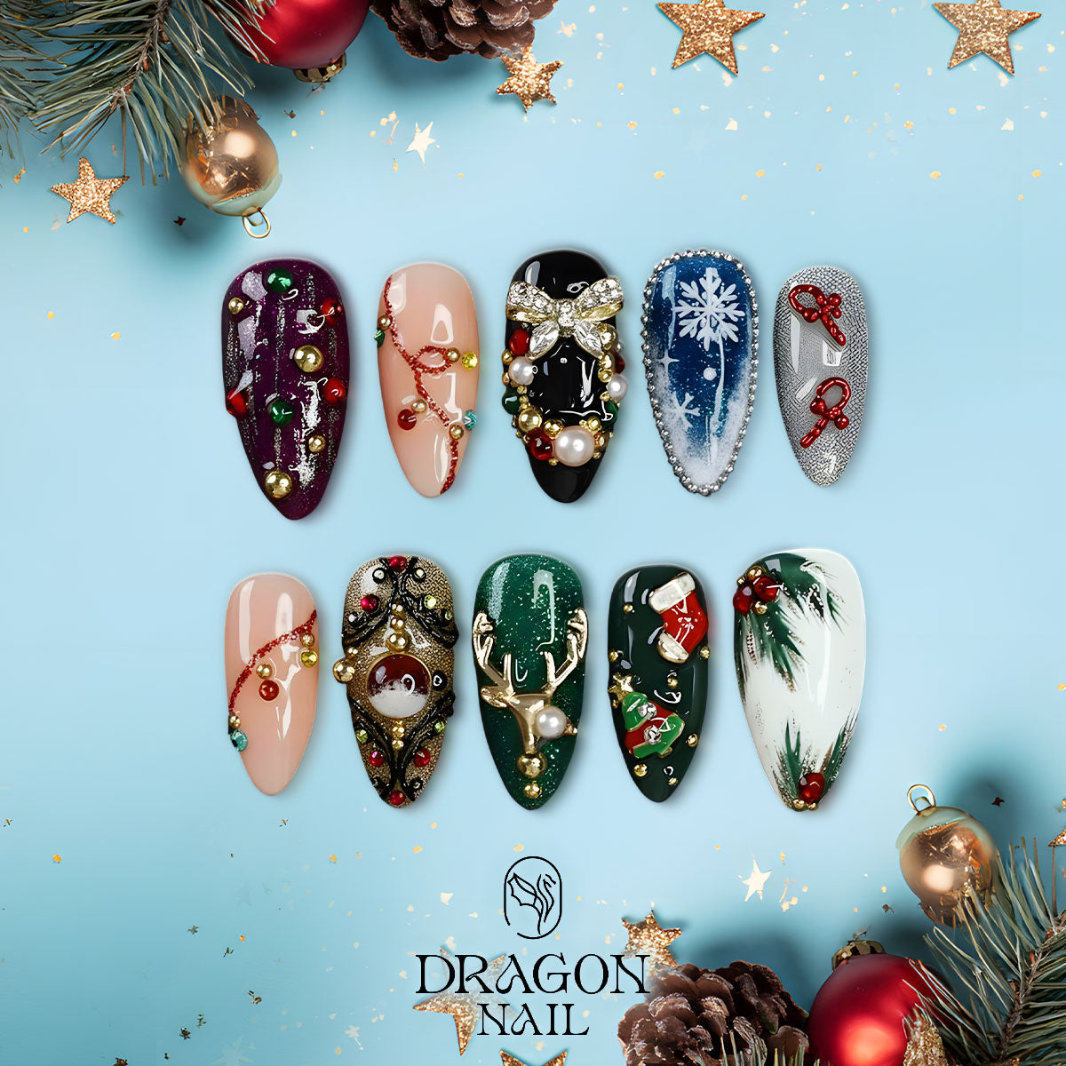 Luxury Christmas Nails, Emerald Green Press-On Set, Reindeer &amp; Snowflake Design