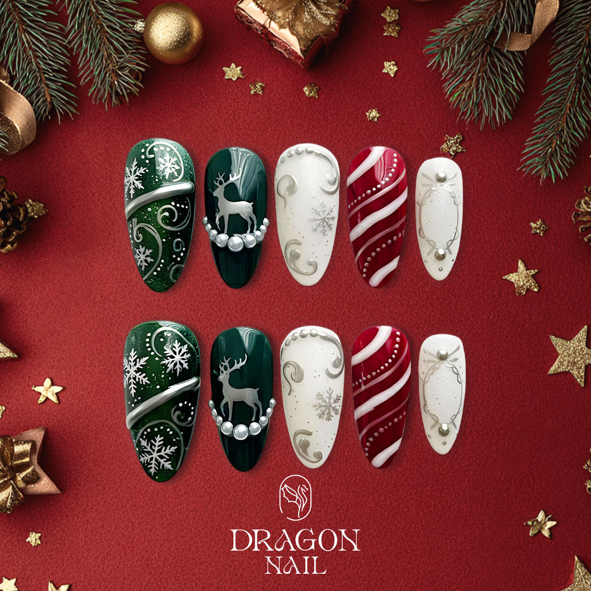 Reindeer Christmas Nails, Green &amp; Red Press-On Set, Snowflake Candy Cane Design