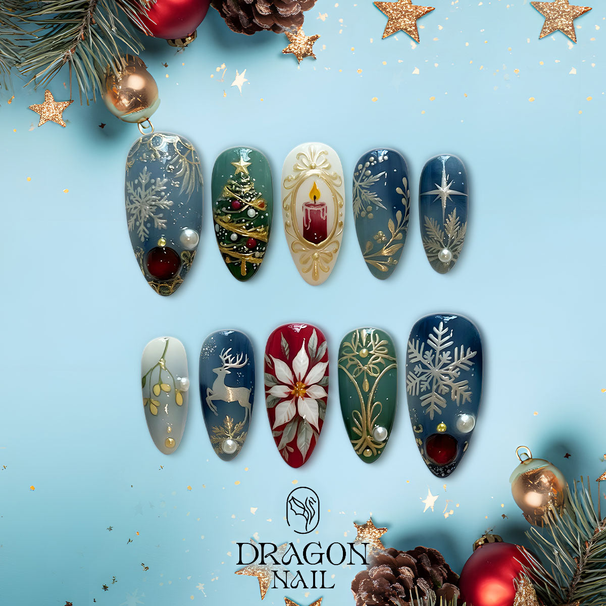 Vintage Christmas Nails, Elegant Press-On Set, Candle &amp; Reindeer Design