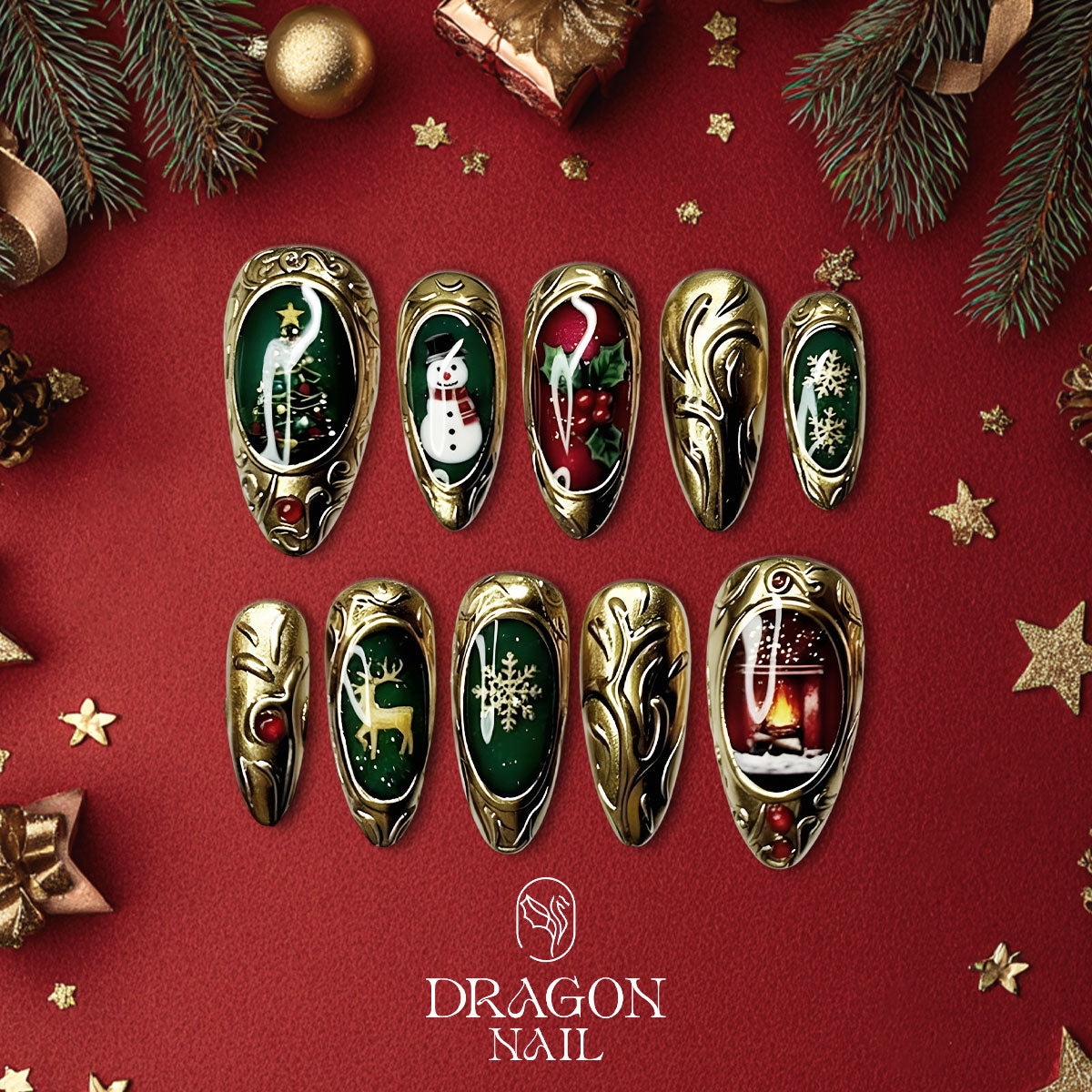 Victorian Christmas Nails, Gold Frame Press-On Set, Luxury Holiday Design