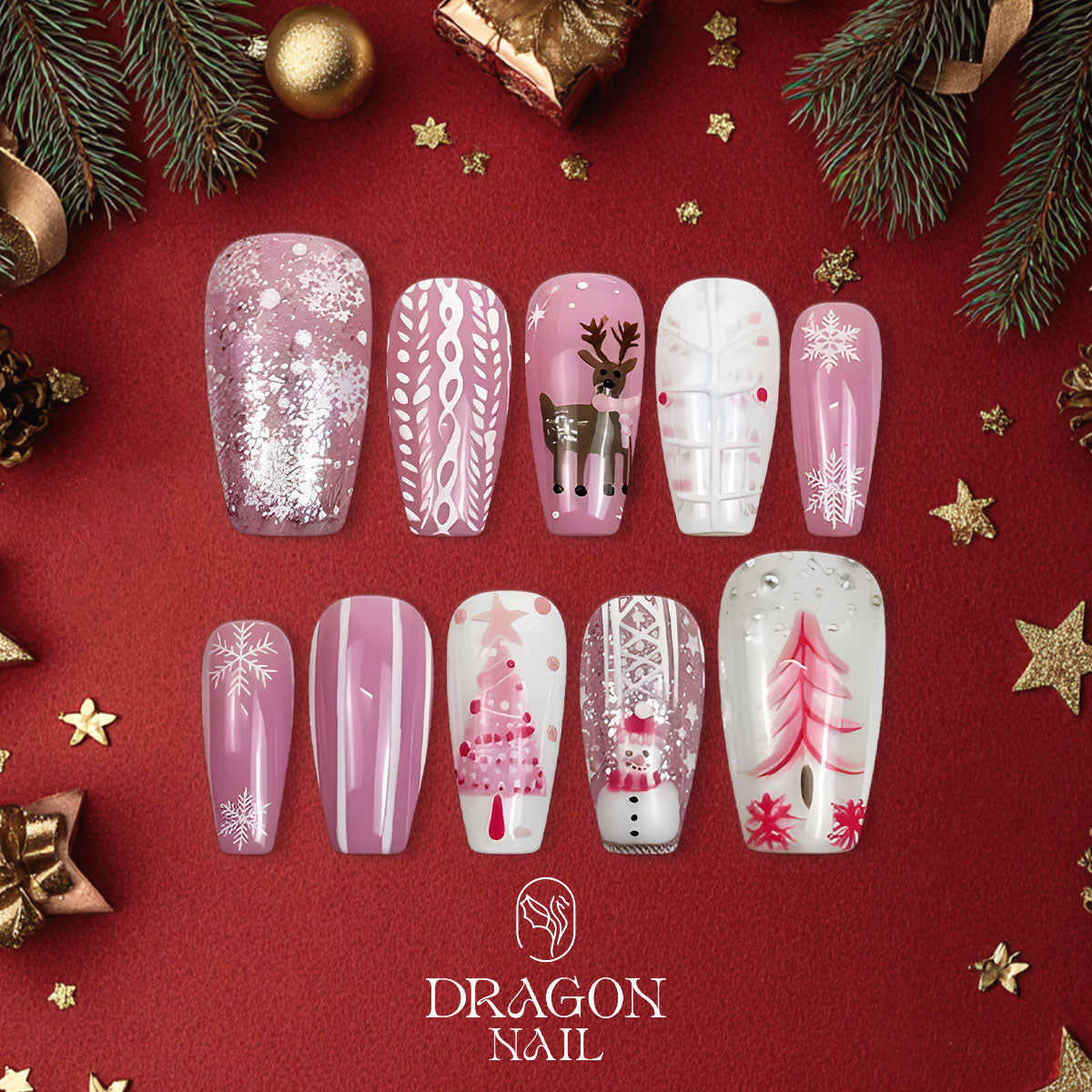 Pink Cozy Christmas Nails, Reindeer &amp; Snowflake Press-On Set, Soft Winter Design