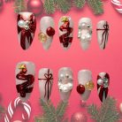 Red Chrome Christmas Tree Press-On Nails, Pink Glitter Holiday Nail Set with Pearls, Ornaments &amp; Gift Bow Designs — Reusable Festive Nails
