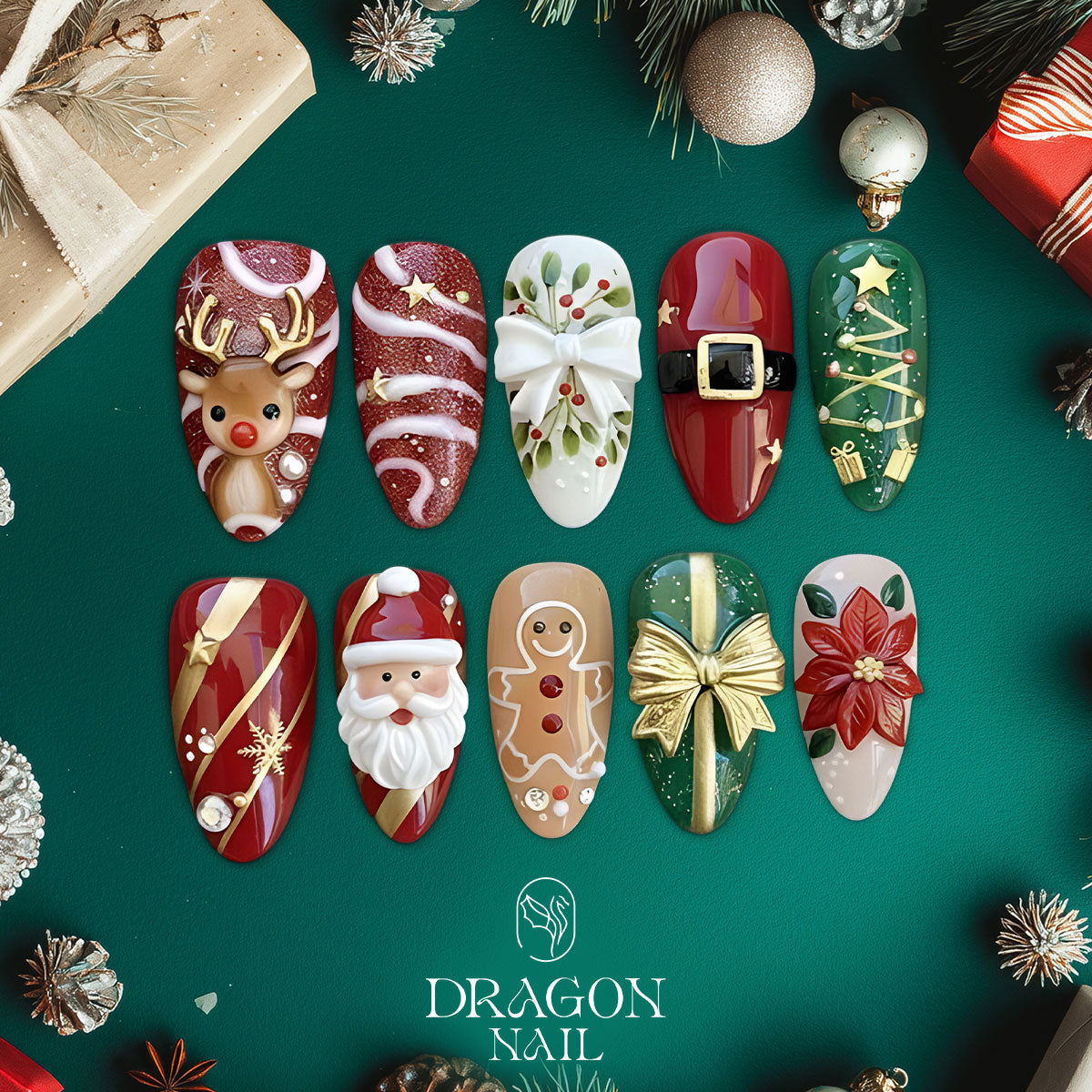 Classic Christmas Nails, 3D Santa &amp; Reindeer Press-On Set, Festive Holiday Design