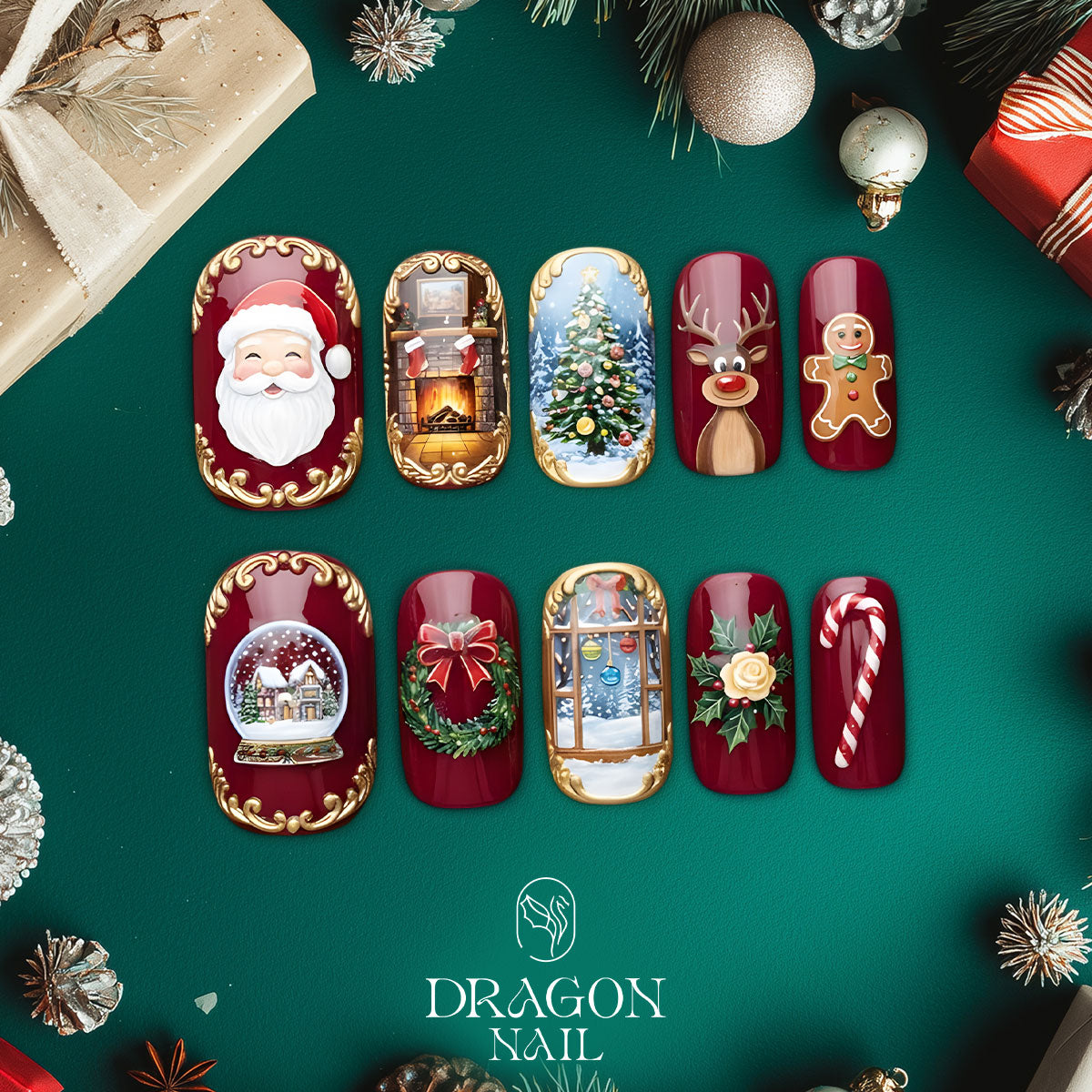 Vintage Christmas Nails, Santa &amp; Fireplace 3D Press-On Set, Elegant Holiday Design