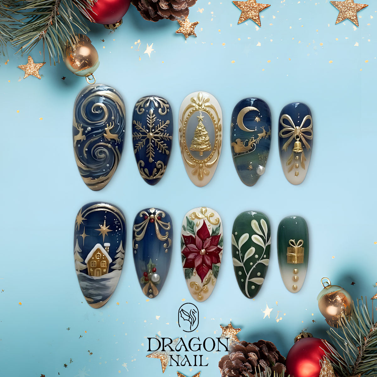 Midnight Blue Christmas Nails, Gold Star &amp; Reindeer Press-On Set, Elegant Winter Design