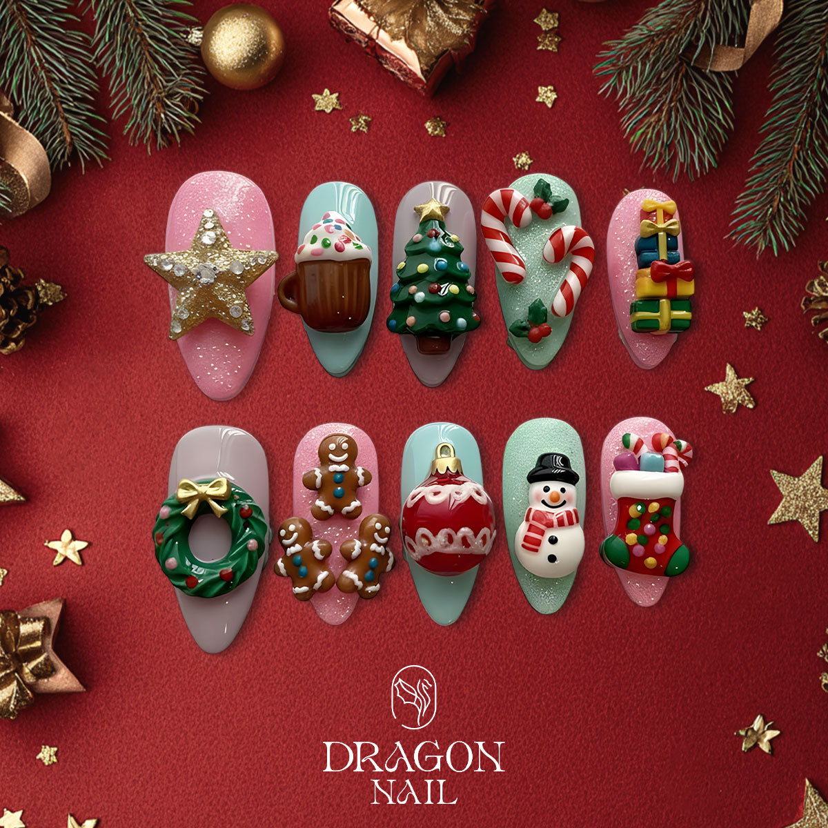 Cute 3D Christmas Nails, Candy Cane &amp; Gingerbread Press-On Set, Sweet Holiday Design