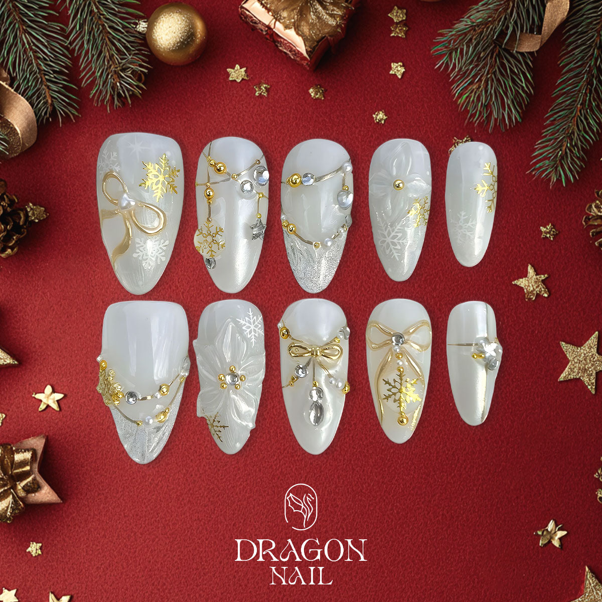 White Winter Nails, Gold Snowflake &amp; Pearl Bow Press-On Set, Elegant Holiday Design