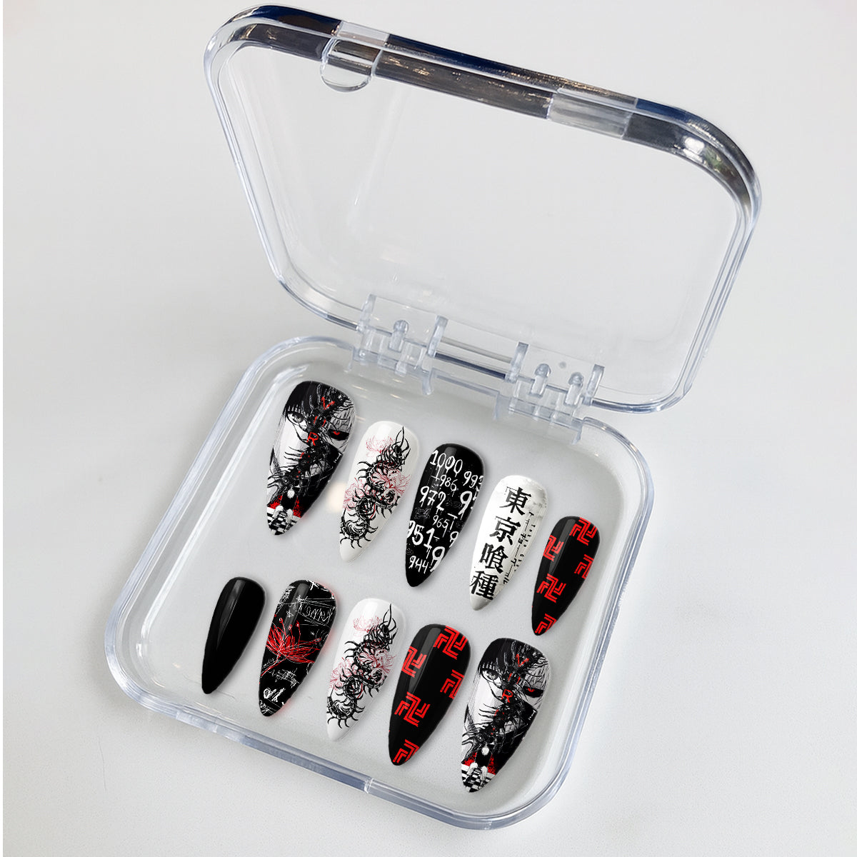 Tokyo Ghoul Nails – Kaneki Ken Black &amp; Red Press-On Nail Set, Dark Horror Anime Design | Dragonnail