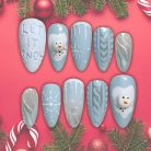 Let It Snow Press-On Nails, Blue &amp; White Winter Nail Set with 3D Snowman, Snowflakes &amp; Knit Texture — Cozy Reusable Nail Art