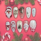 Santa &amp; Snowman Christmas Press-On Nails, Red and White Glitter Holiday Nail Set with 3D Santa, Tree &amp; Candy Cane Designs — Reusable Festive Nails