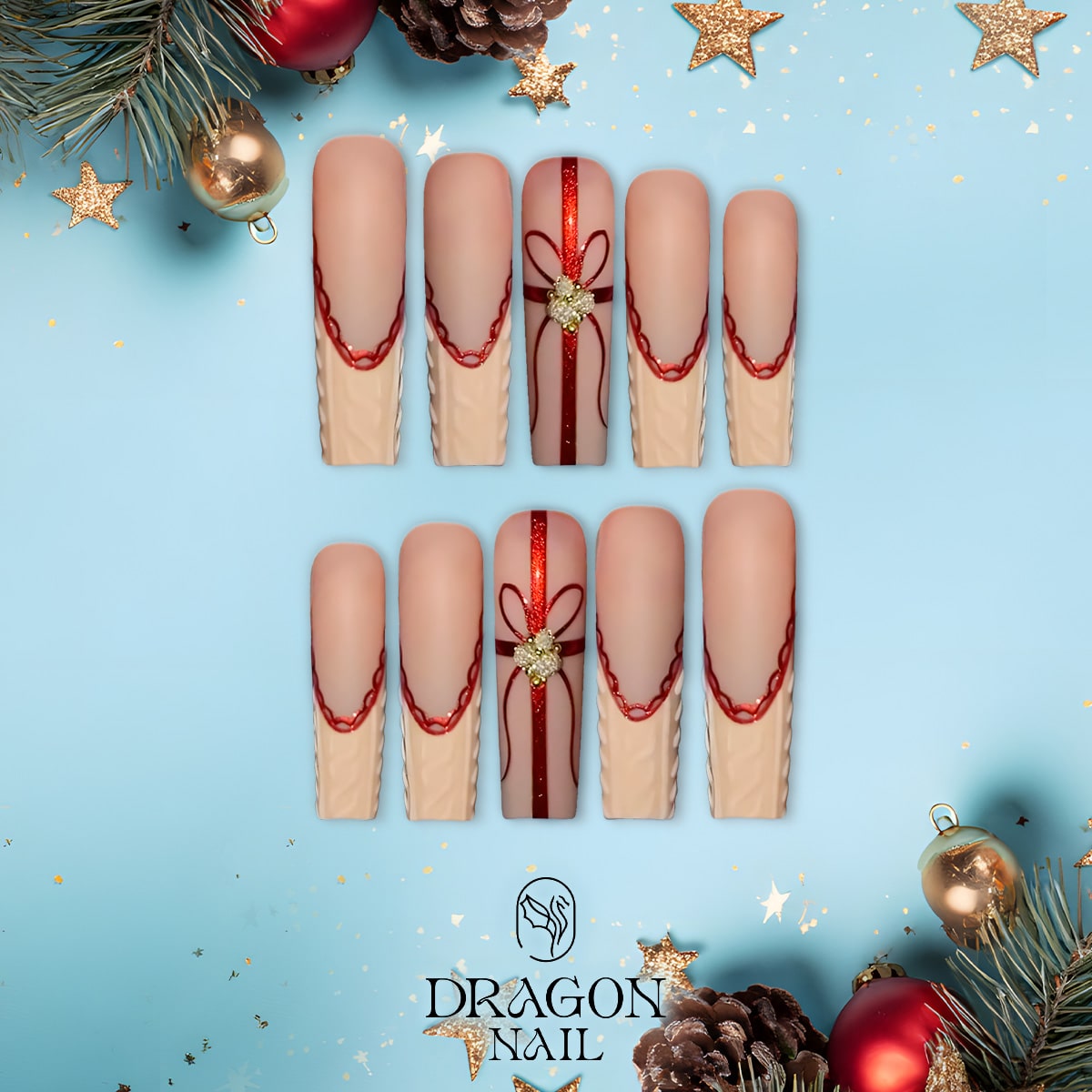 New Trending Nude Red Christmas Press-On Nails – Gift Ribbon &amp; Knit Texture Design