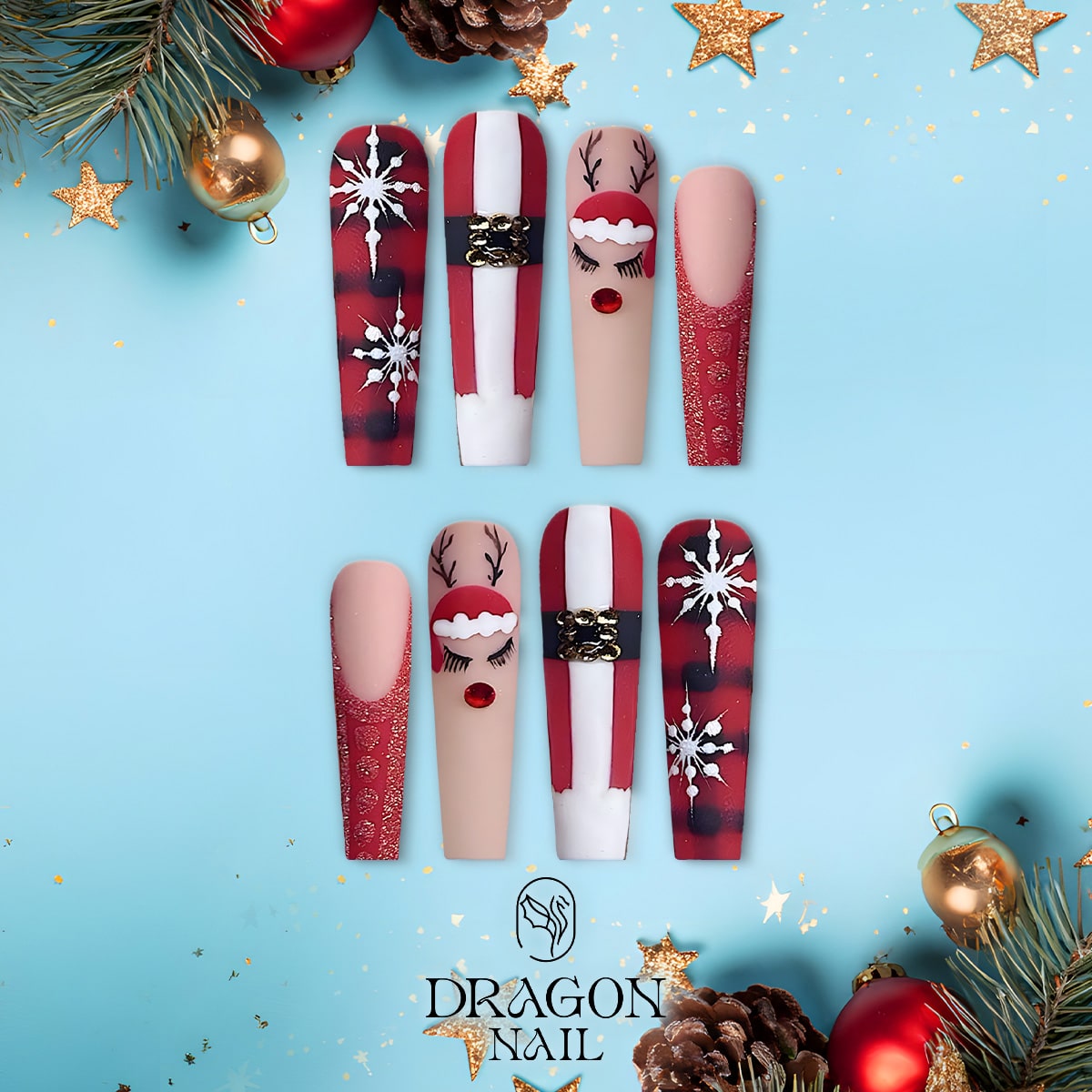 New Trending Red Christmas Press-On Nails – Santa Belt, Snowflake &amp; Plaid Holiday Design