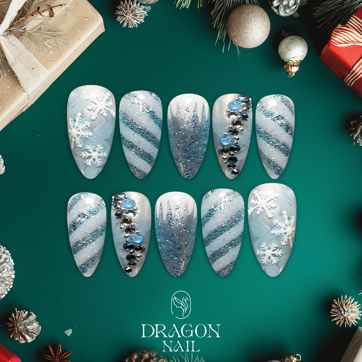 New Trending Winter Wonderland Press-On Nails – Blue Glitter Snowflake Design