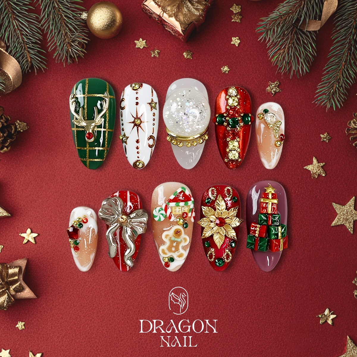 New Trending 3D Christmas Press-On Nails – Reindeer, Poinsettia &amp; Gift Box Holiday Design