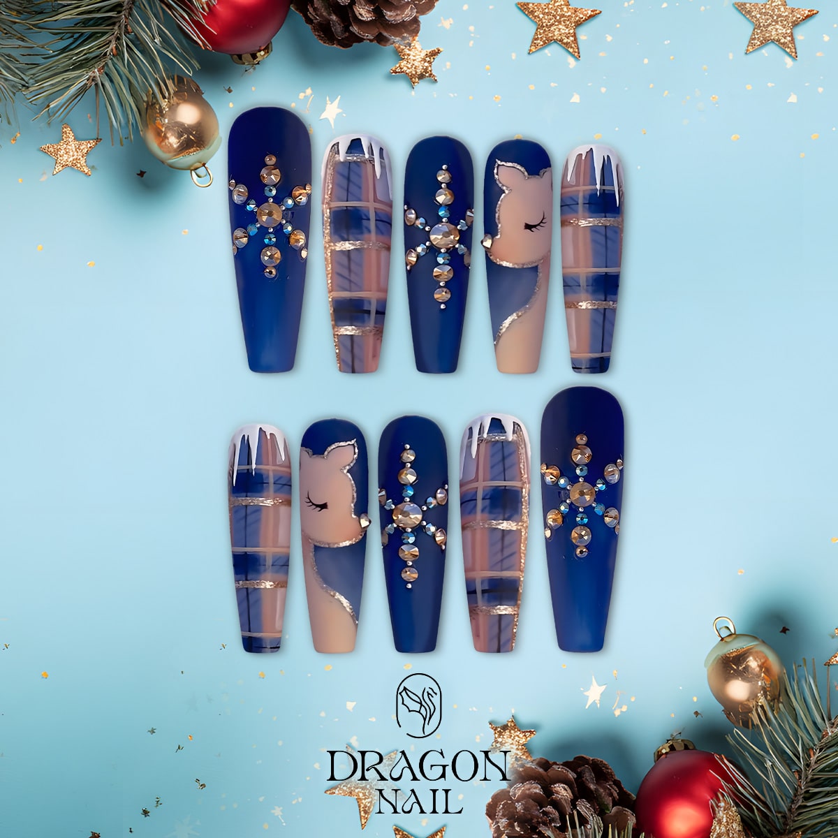 New Trending Blue Reindeer Press-On Nails – Snowflake Rhinestone &amp; Winter Plaid Design