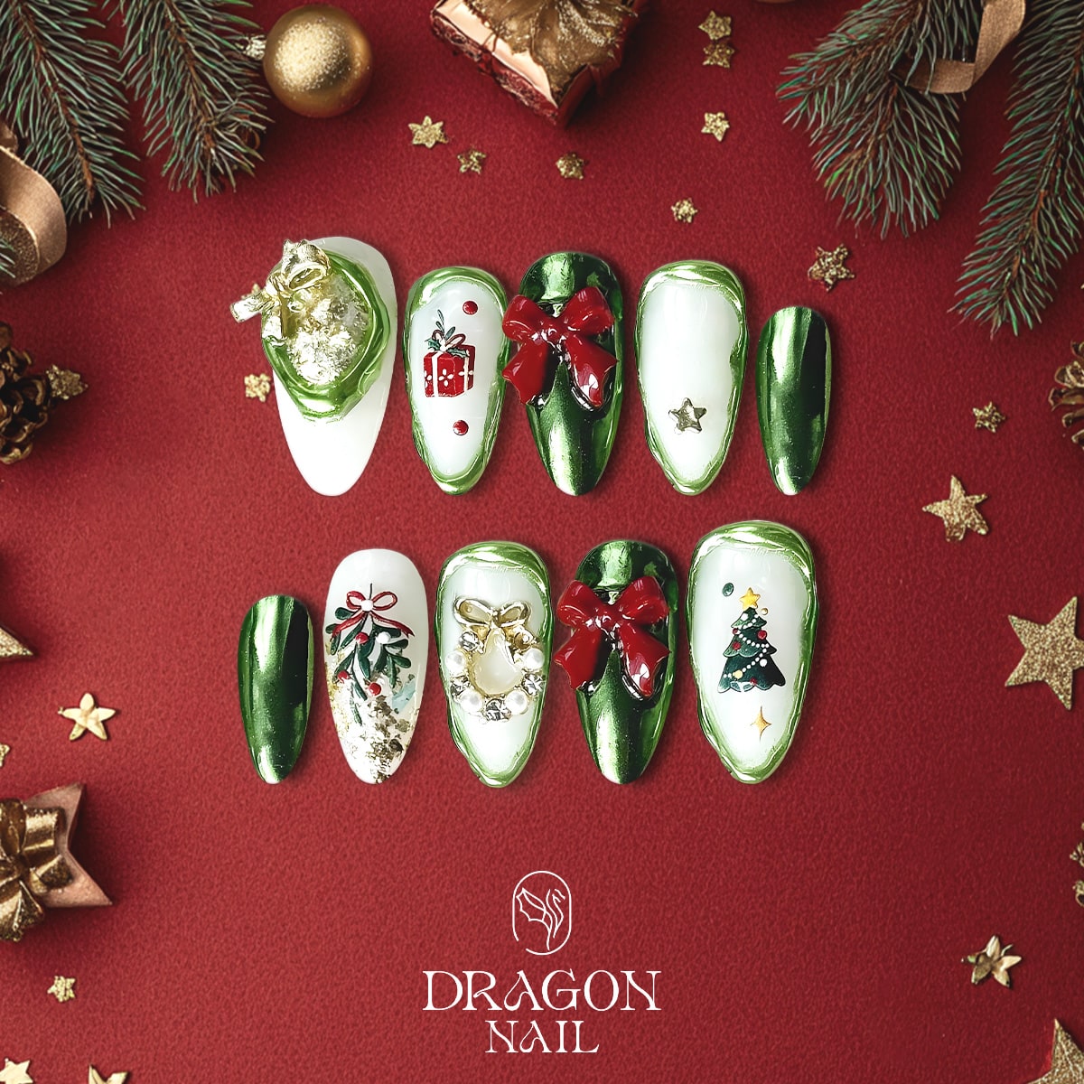 New Trending Green Christmas Press-On Nails – Bow, Gift &amp; Tree 3D Holiday Design