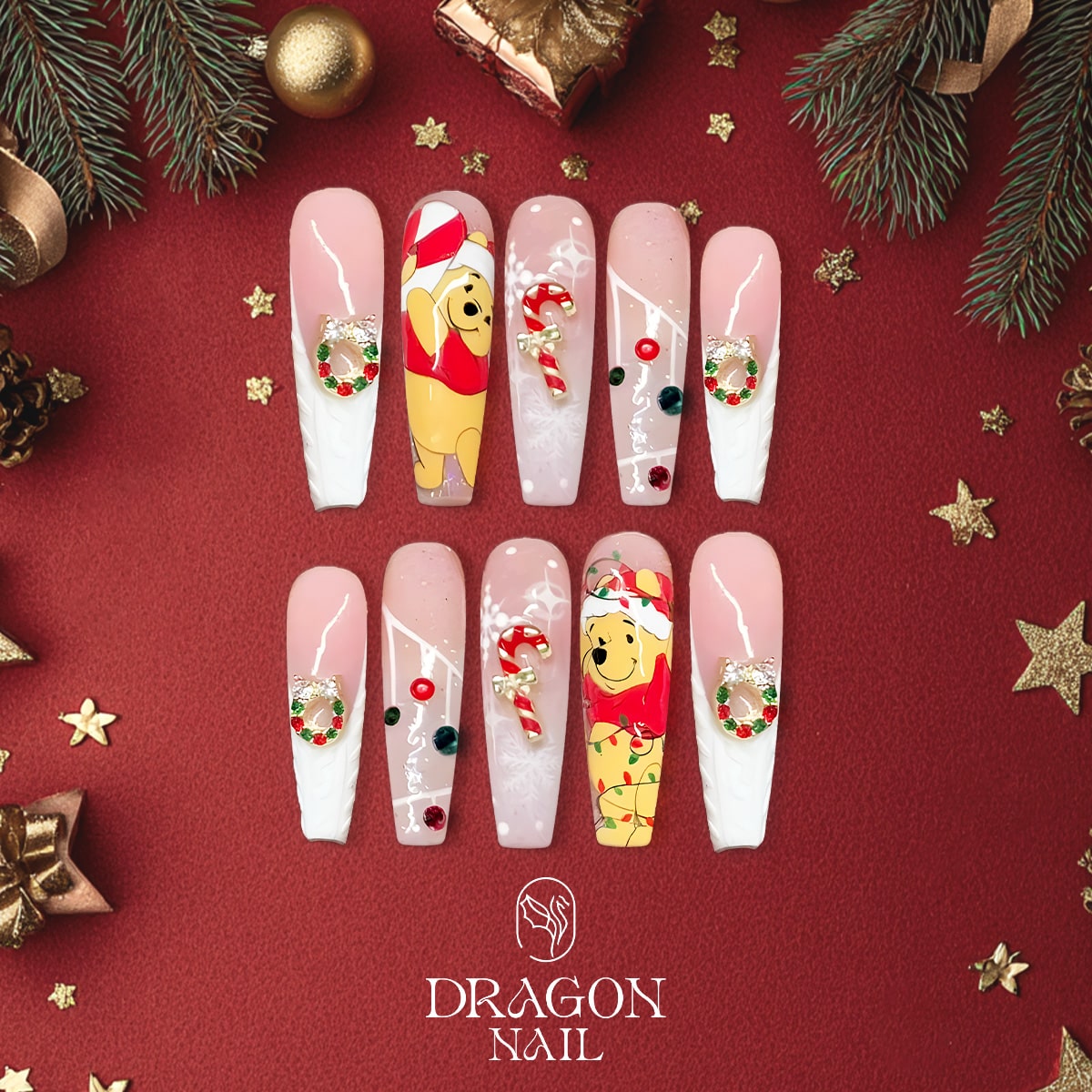 New Trending Christmas Press-On Nails – Winnie-the-Pooh, Cute Bear, Candy Cane &amp; Snowflake Holiday Design