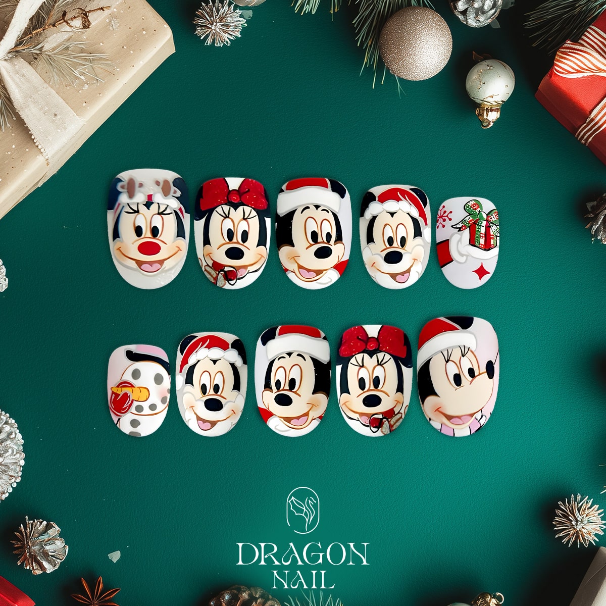 New Trending Christmas Press-On Nails – Mickey, Minnie, Goofy, Snowman &amp; Gift Box Holiday Design