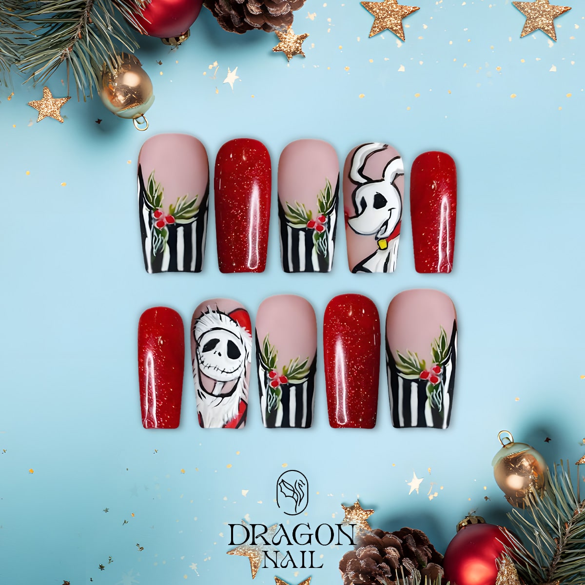 New Trending Christmas Press-On Nails – Jack Skellington &amp; Zero Dog Inspired Holiday Design