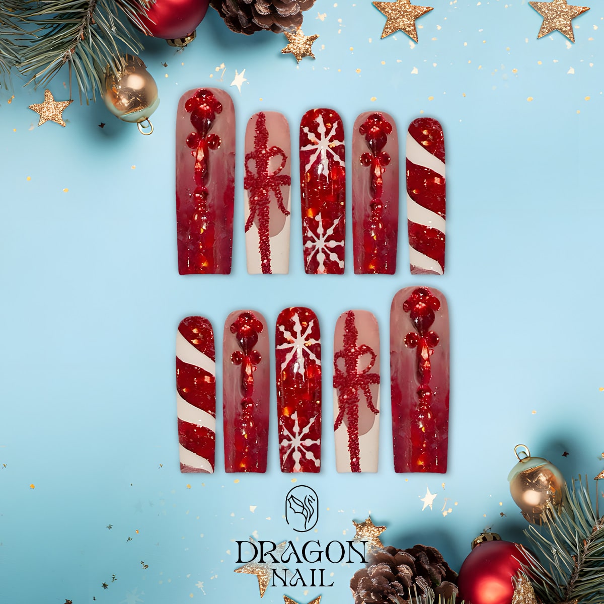 Red Glitter Christmas Gift Press-On Nails – Candy Cane Stripes, Rhinestone Bows &amp; Snowflake Accents