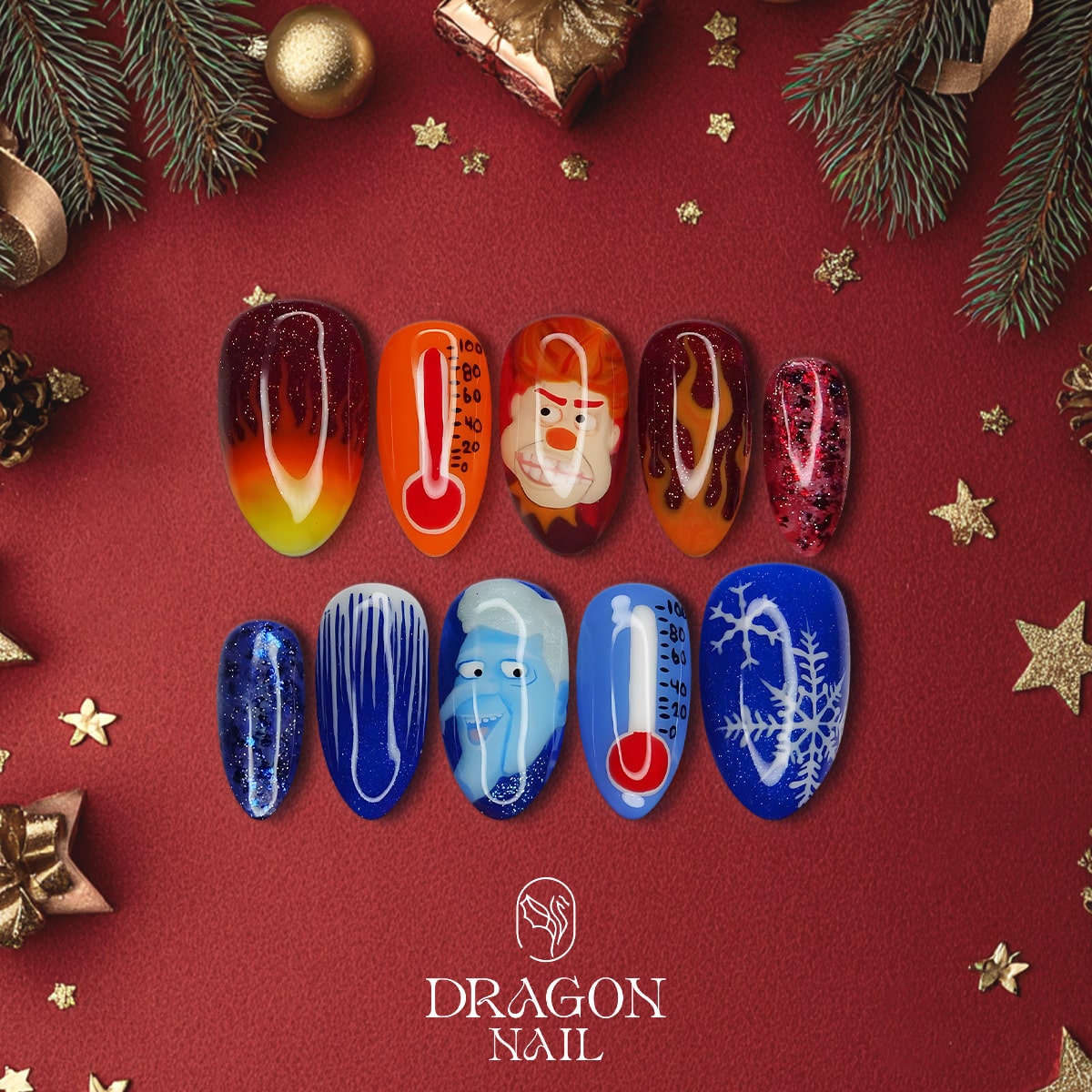 New Trending Christmas Press-On Nails – Heat Miser &amp; Snow Miser Inspired Holiday Nail Art