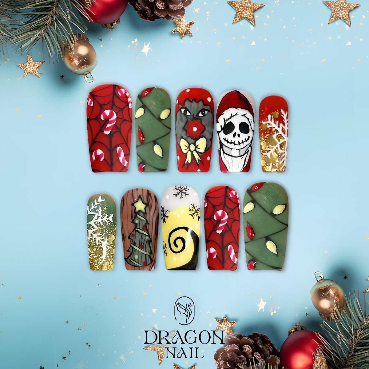 New Trending Christmas Press-On Nails – Jack Skellington, Grinch &amp; Christmas Tree Inspired Holiday Design