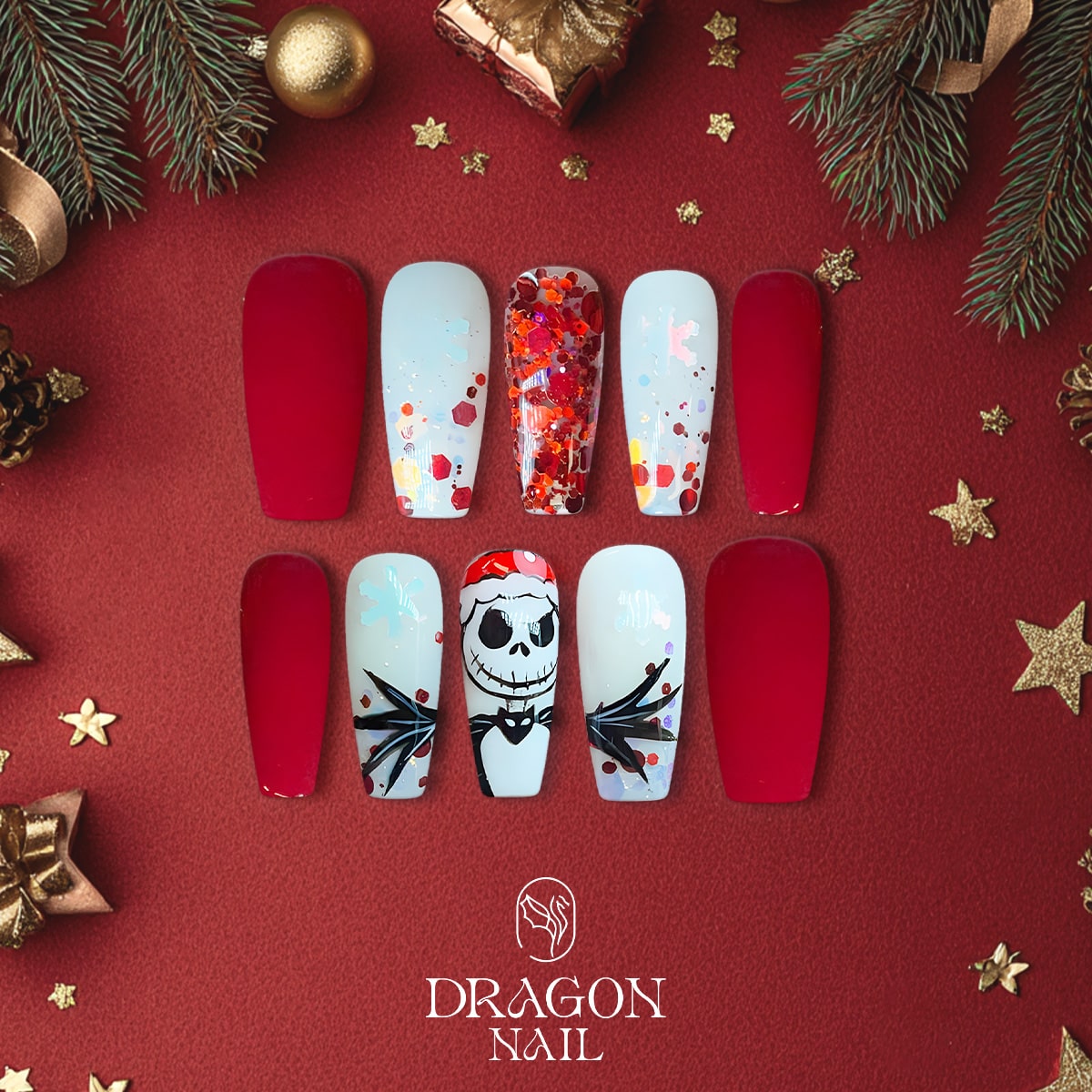 New Trending Christmas Press-On Nails – Jack Skellington Santa Inspired Red &amp; White Holiday Design