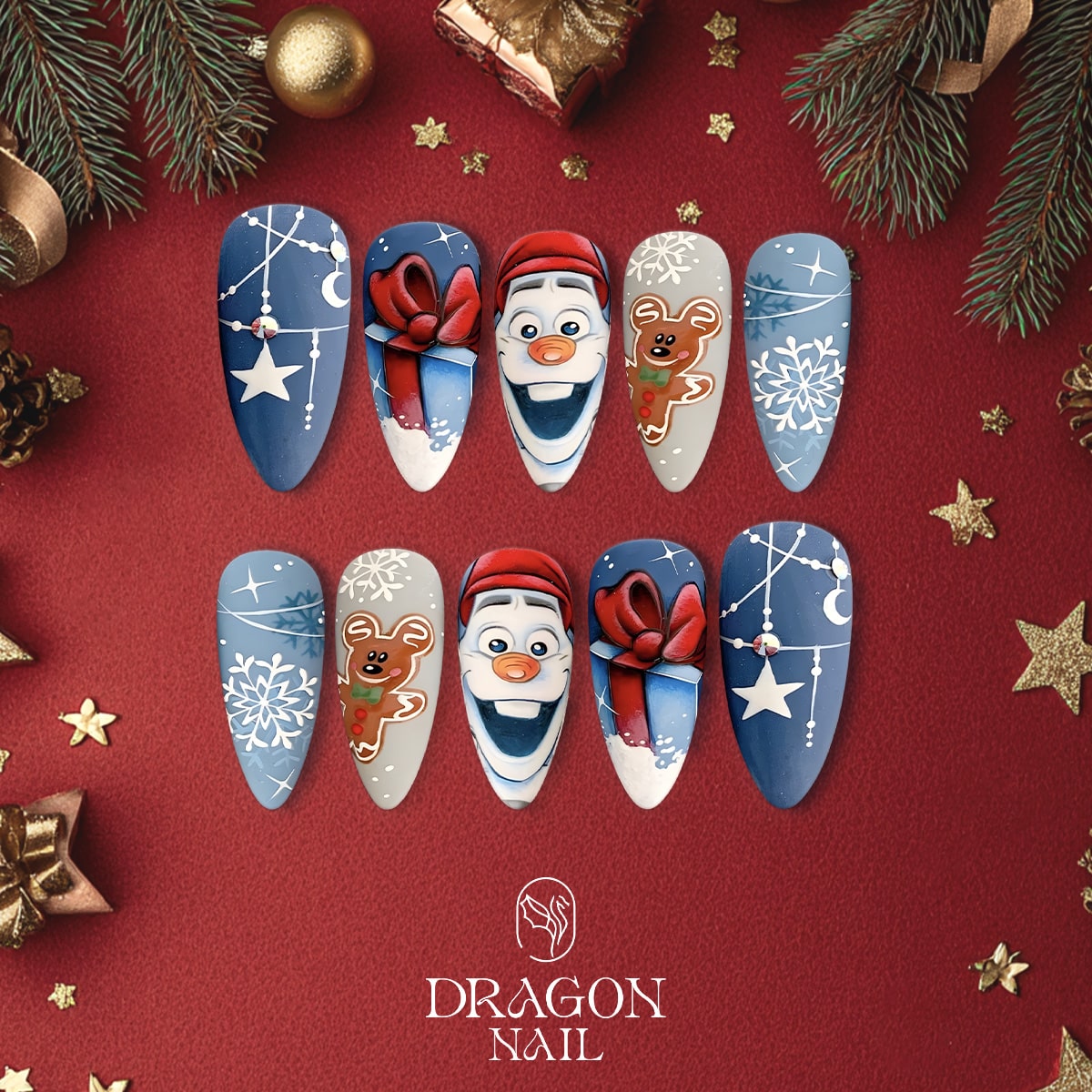 New Trending Olaf Christmas Press-On Nails – Frozen Inspired Blue &amp; Winter Snowflake Design